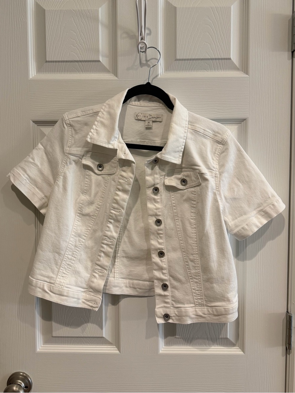 White Short Sleeve Button Down Denim Jacket - Picture 2 of 7